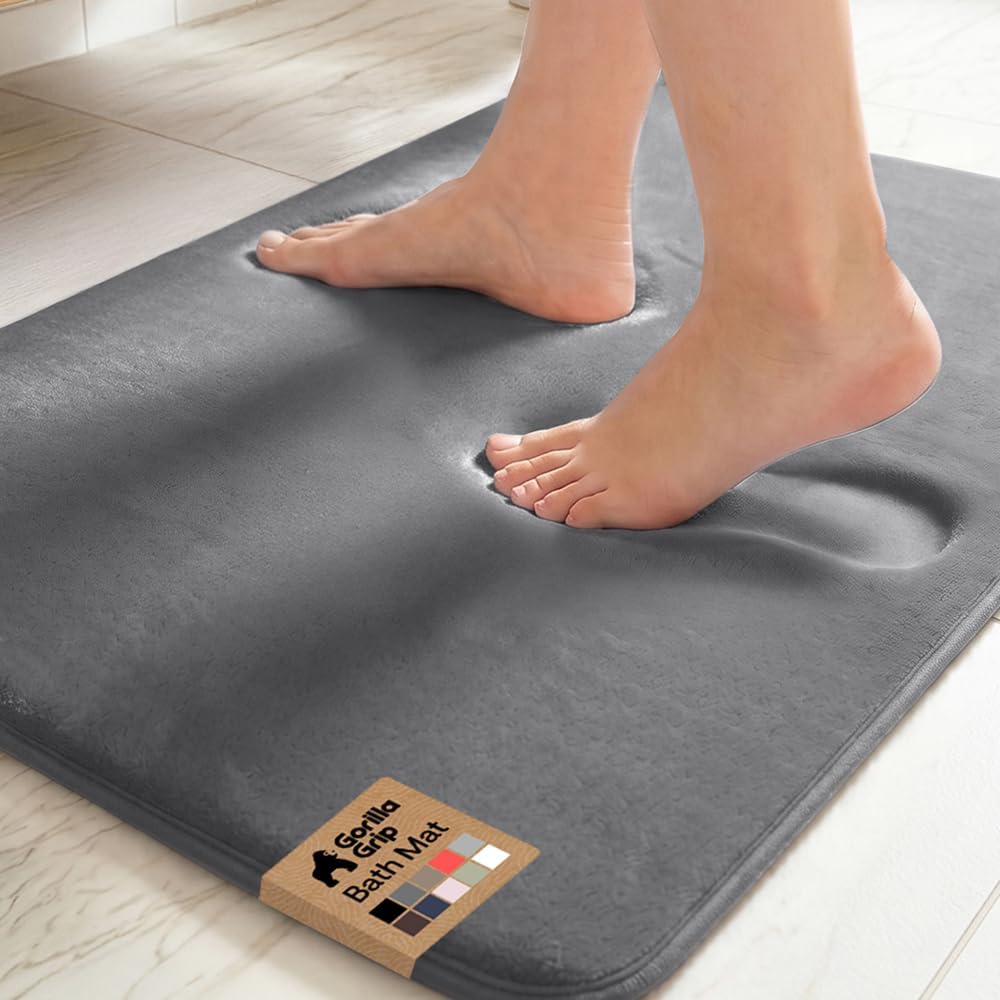 Gorilla Grip® Memory Foam Bath Rugs, Soft Absorbent Velvet Bathroom Mats, Durable Dots On Underside, Machine Washable Bathmat, Carpet Rug Room Decor For Shower Floor, 24X17 Mat, Graphite Gray