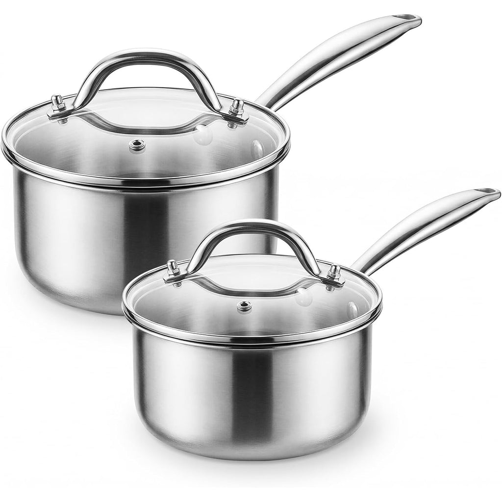 Tri-Ply Stainless Steel Pot - 1.5 Qt & 2.5 Qt Heavy Duty Sauce Pan With Lid, Nonstick Stainless Steel Cookware Set Cooking Pot, Multipurpose Saucepan With Stay Cool Handle