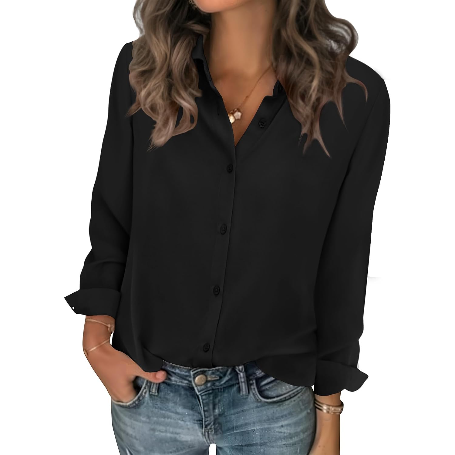 Zeagoo Women Blouses Chiffon Long Sleeve Button Down Shirts Business Causal Dressy Work Top V Neck Summer Spring Clothes