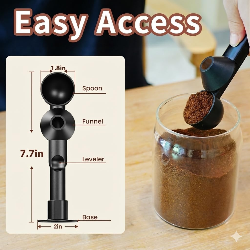 Coffee Scoop With Funnel For Ground Coffee, Protein Powder & Tea, For Reusable K Cup Refiller, 2Tbsp Mess-Free, Funnel Design Prevents Spills (Black, 1-Pack)