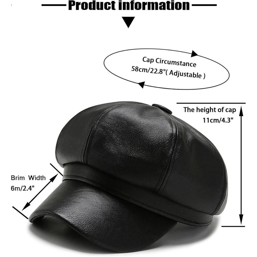 Women Fiddler Cap Newsboy Hat PU Leather Visor Beret Cap Black-b