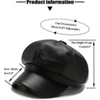 Women Fiddler Cap Newsboy Hat PU Leather Visor Beret Cap Black-b
