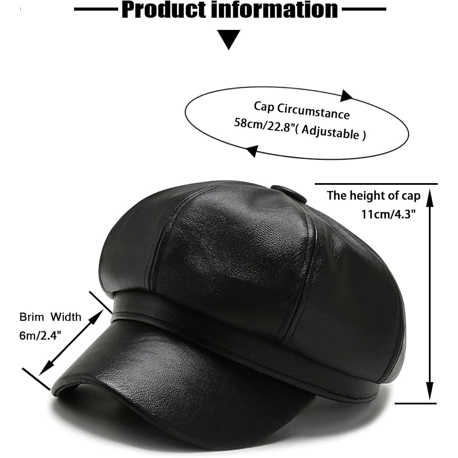 Women Fiddler Cap Newsboy Hat PU Leather Visor Beret Cap Black-b