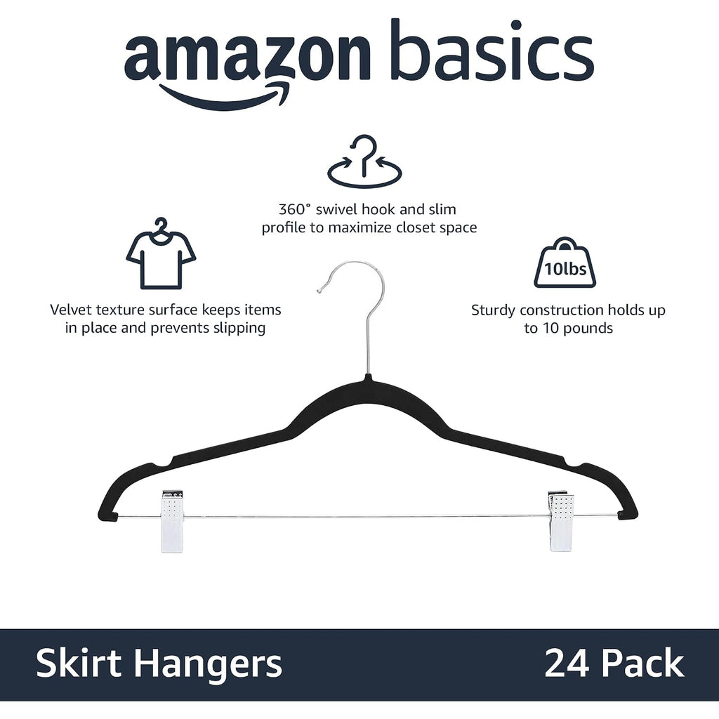 Amazon Basics Velvet Non-Slip Skirt Clothes Hangers With Clips, 360 Degree Rotatable Hook, Organize Pants And Skirts, Black/Silver, 24-Pack