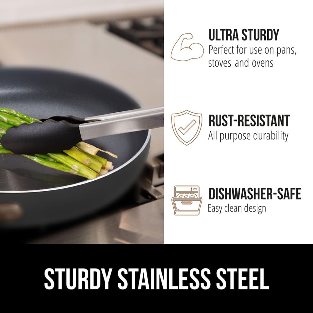Gorilla Grip Stainless Steel Bpa-Free Kitchen Tongs For Cooking, Heat Resistant Bbq Tong Set Of 2, Non Scratch Silicone Tip For Pan, Strong Grip, Grab Food, Toss Salad, Pull Lock, 7+9 Inch, Black
