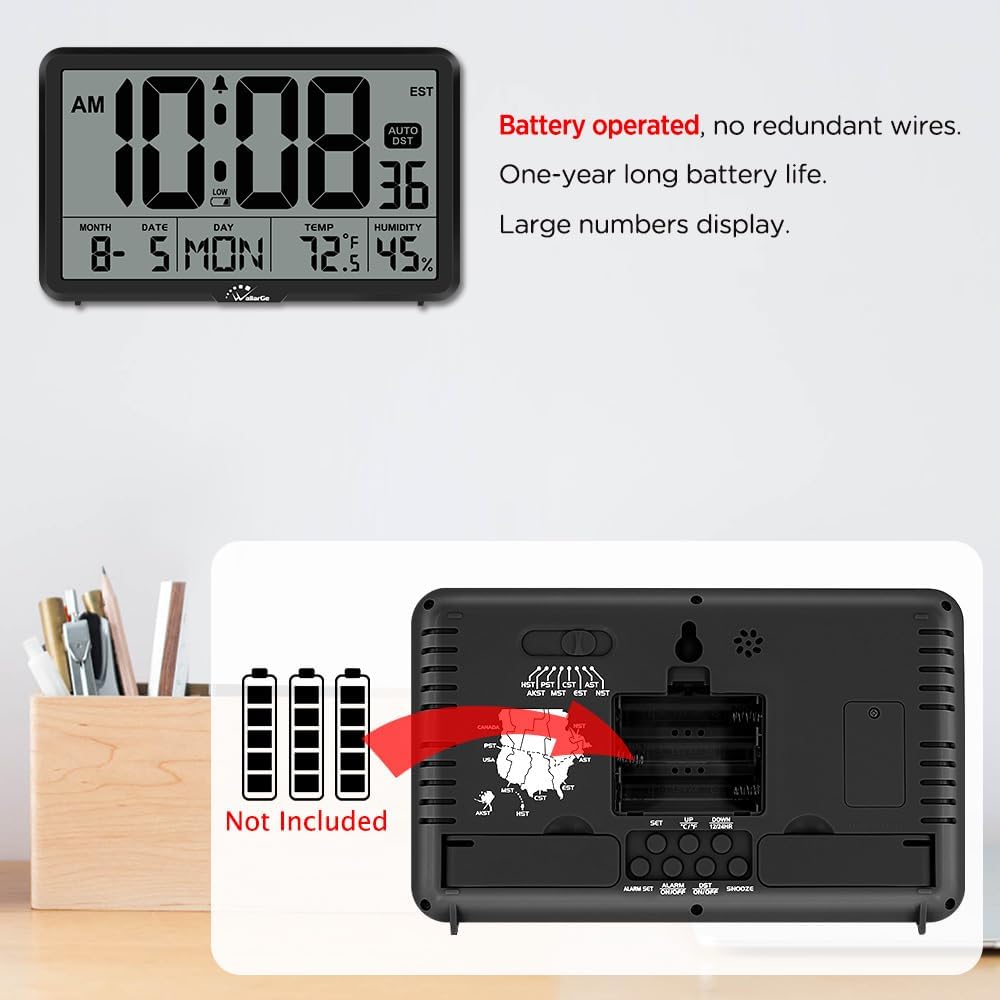 Auto Set Digital Wall Clock Battery Operated, Desk Clocks With Temperature, Humidity And Date, Large Display Digital Calendar Alarm Clock For Elderly, Bedroom, Office, 8 Time Zone, Auto Dst.