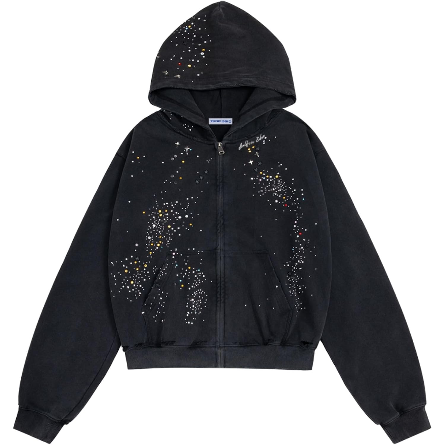 Aelfric Eden Star Rhinestone Zip Up Hoodies Womens Mens Casual Hooded Jackets Unisex Loose Crystal Y2K Pocket Sweatshirts
