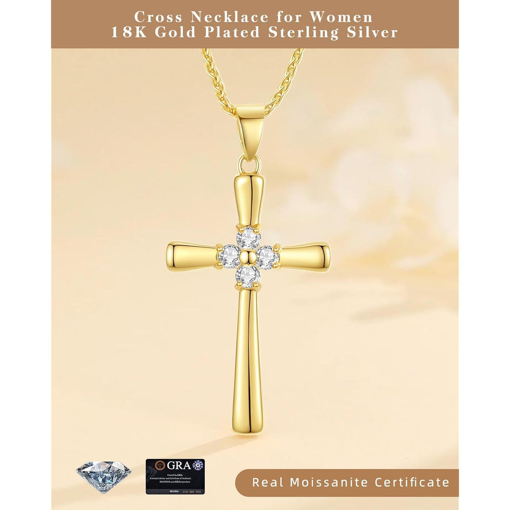 Moissanite Cross Necklace for Women Wife, 18K Gold Filled Sterling Silver Cross Pendant Chain Jewelry, Anniversary Birthday Gifts for Women Wife Her with LED Light-Up Gift Box and Gift Card-1CT