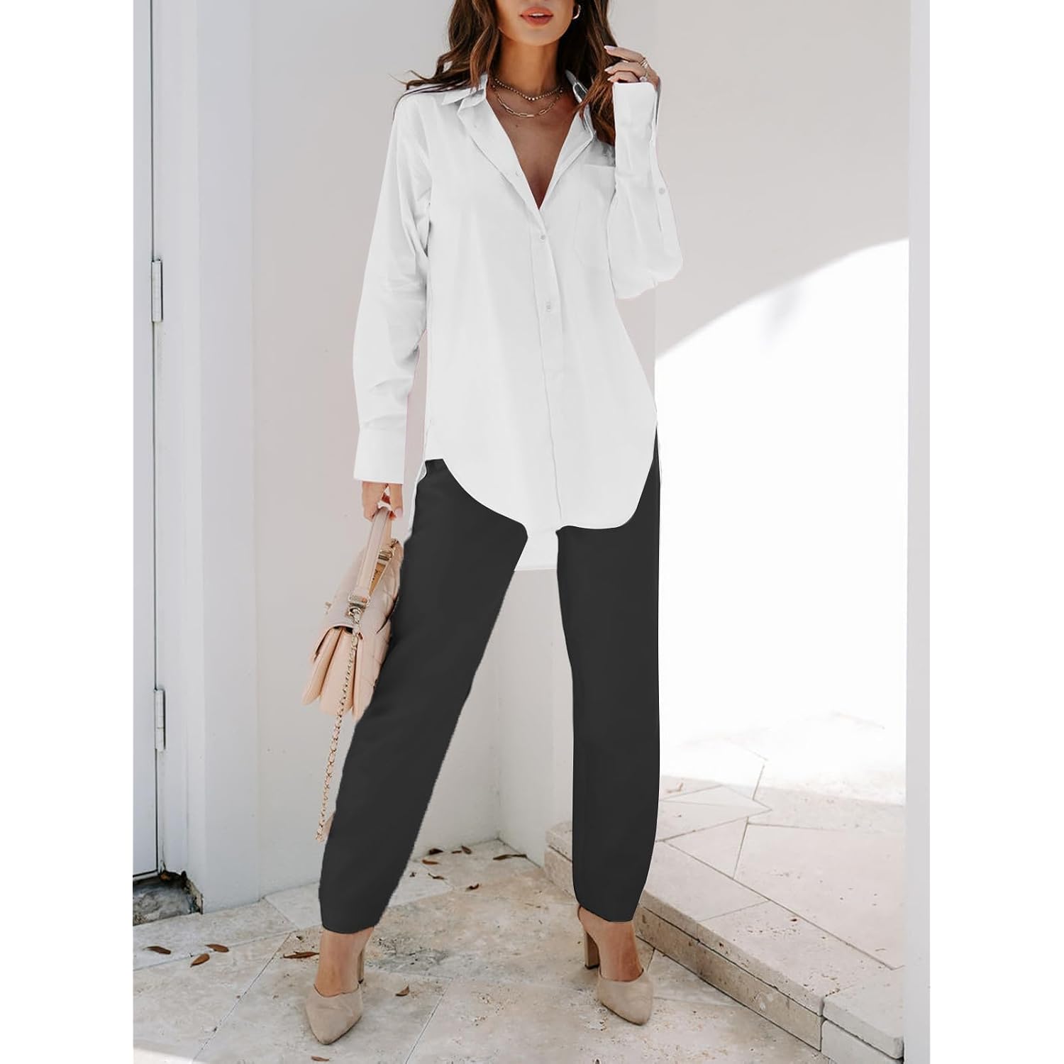 Siliteelon Oversized Button Down Shirts For Women Dress Shirts Long Sleeve Blouses Work Casual Tunics Tops With Pockets