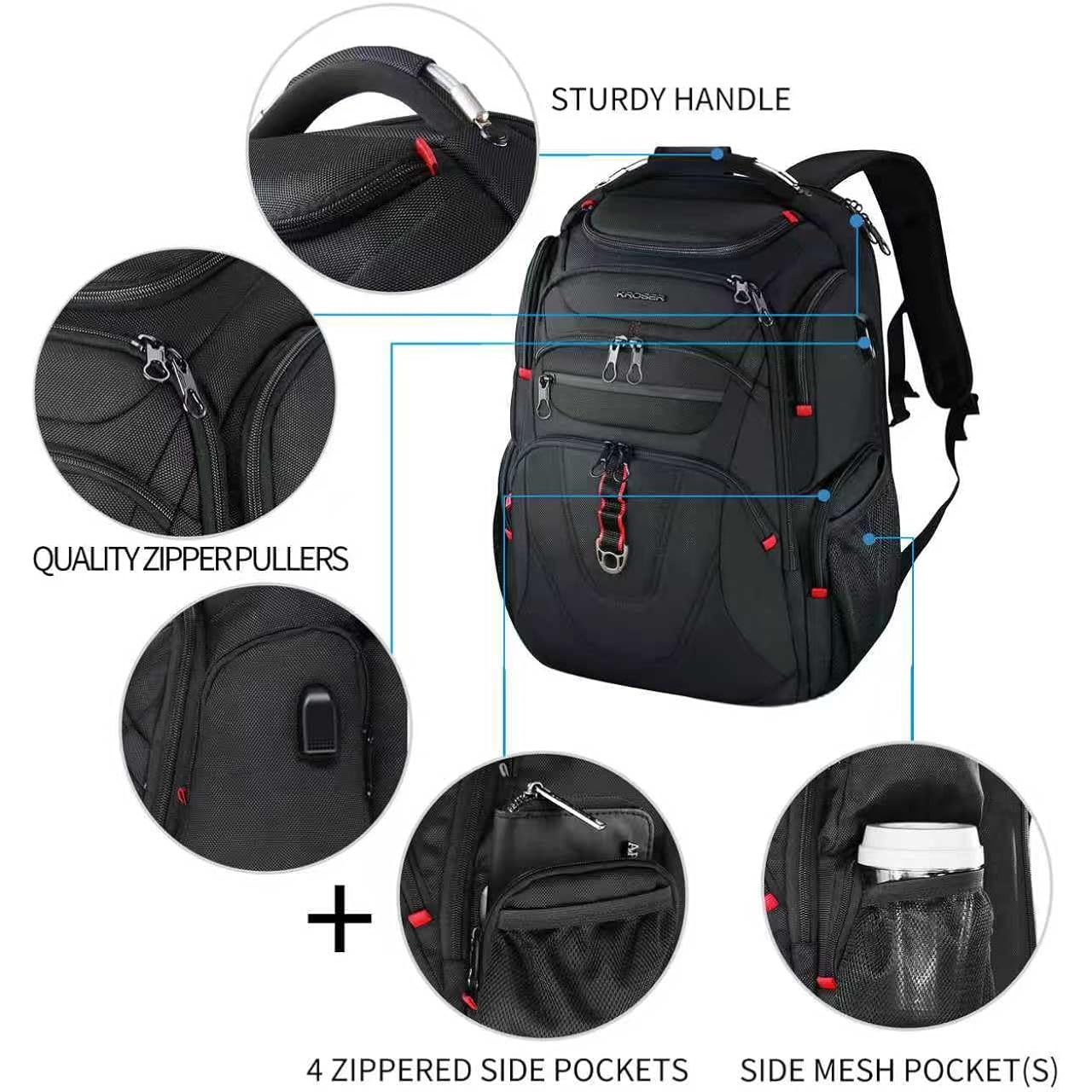 Kroser Tsa Friendly Travel Laptop Backpack 17.3 Inch Xl Computer Backpack Water-Repellent College Daypack Business Backpack With Rfid Pockets & Usb Port For Men/Women-Black
