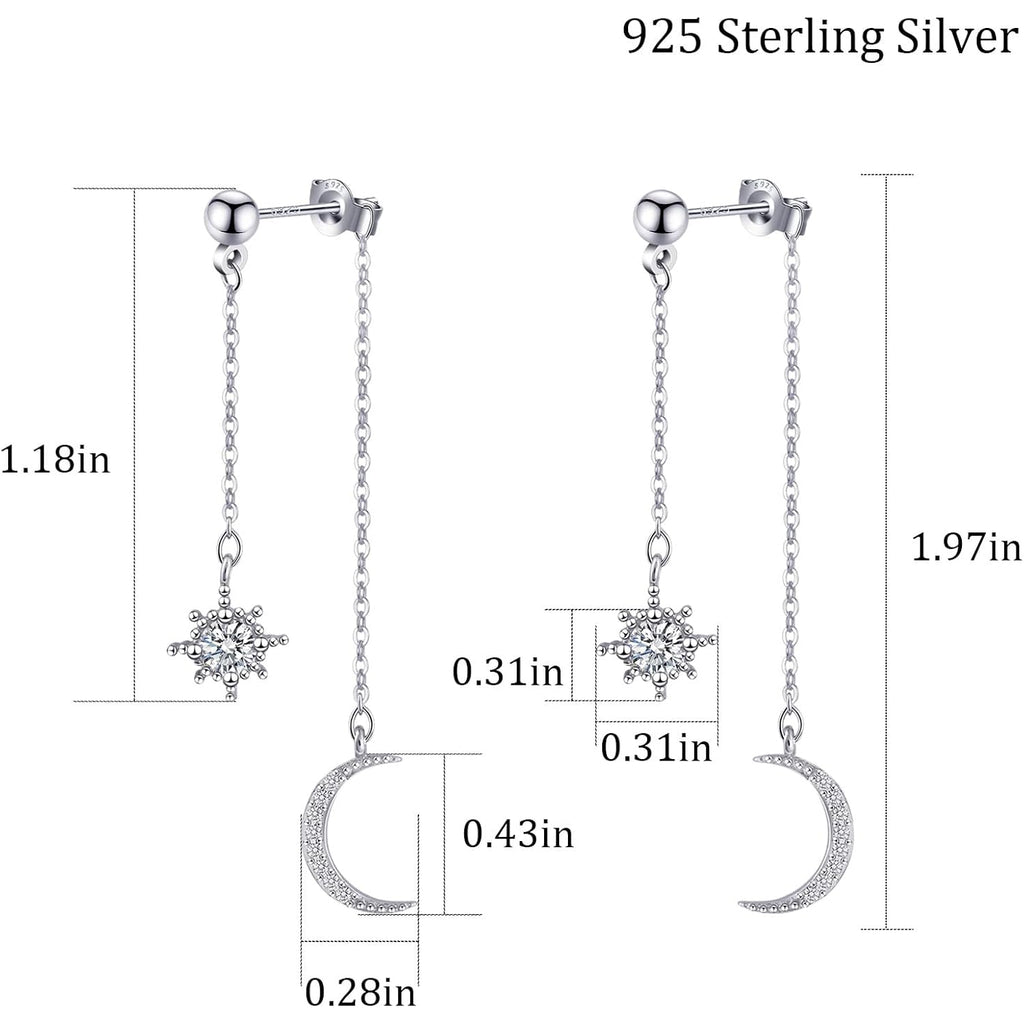 Moon and Star Dangle Earrings for Women Chain Tassel with Cubic Zirconia Drop Celestial Jewelry for Wedding Gift