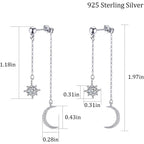 Moon and Star Dangle Earrings for Women Chain Tassel with Cubic Zirconia Drop Celestial Jewelry for Wedding Gift