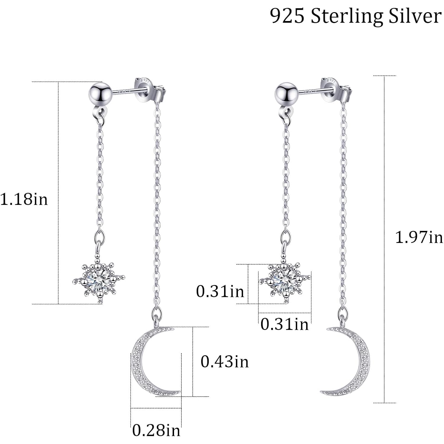Moon and Star Dangle Earrings for Women Chain Tassel with Cubic Zirconia Drop Celestial Jewelry for Wedding Gift
