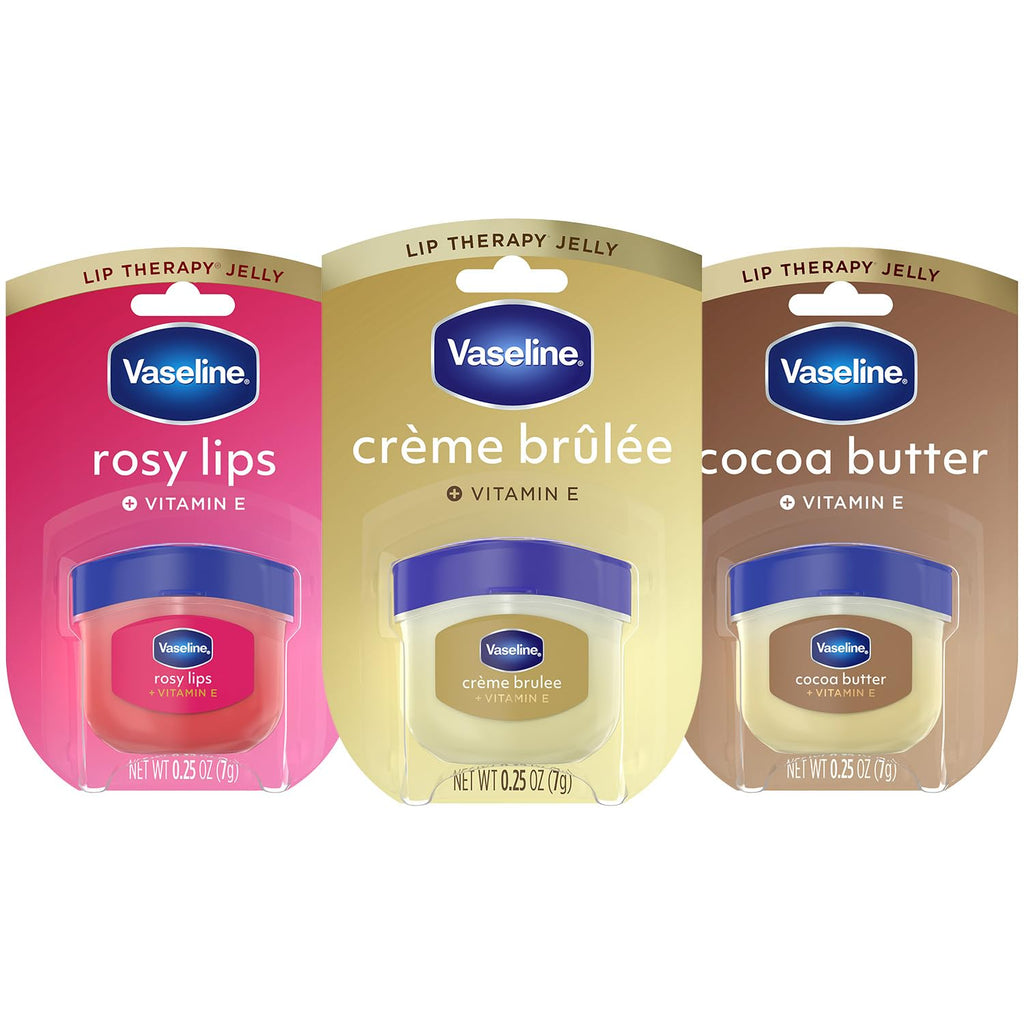Vaseline Lip Therapy Variety 3-Pack – Crème Brûlée, Rosy Lips, Cocoa Butter Mini Lip Balms For Soft, Glowing, And Deliciously Kissable Lips, 0.25 Oz Ea
