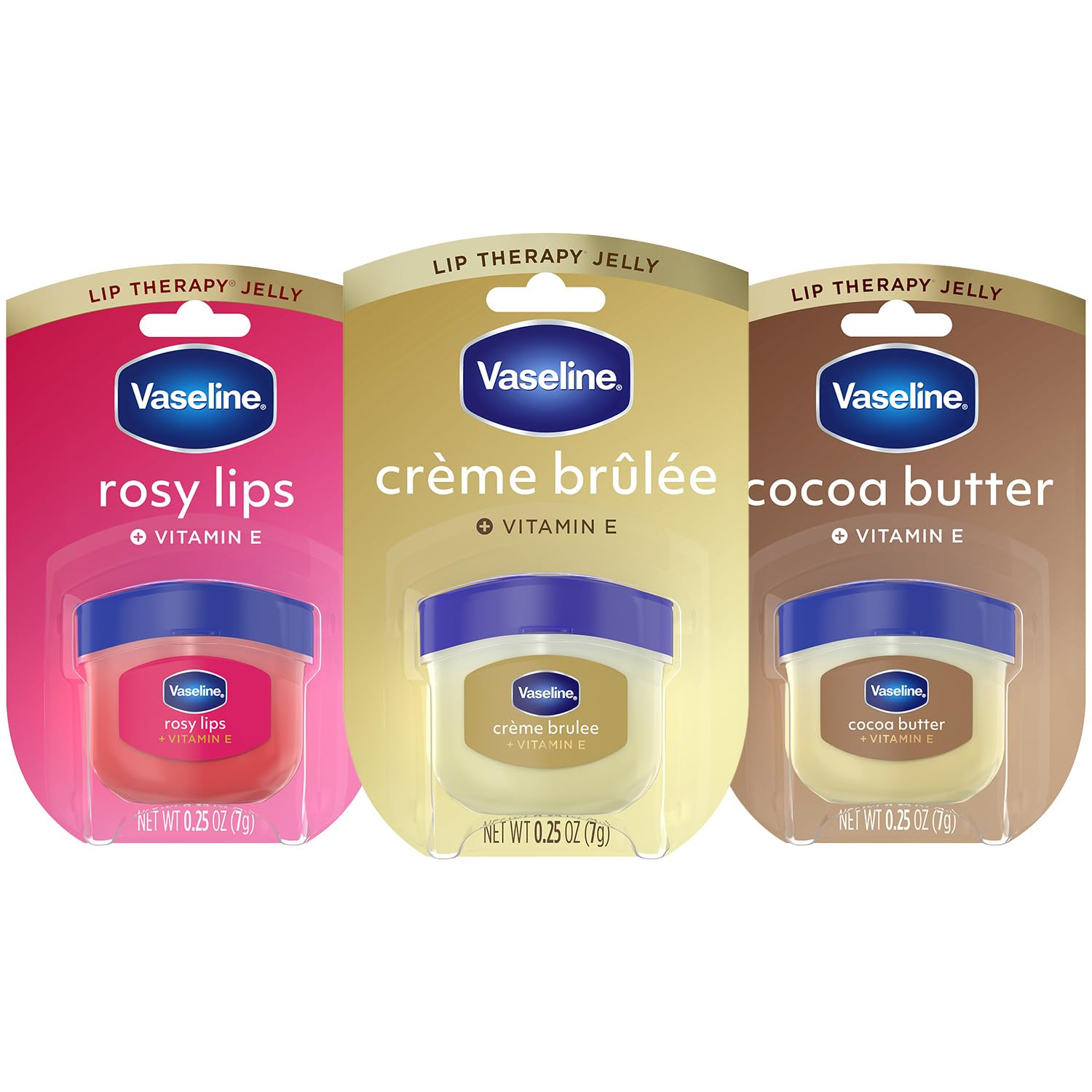 Vaseline Lip Therapy Variety 3-Pack – Crème Brûlée, Rosy Lips, Cocoa Butter Mini Lip Balms For Soft, Glowing, And Deliciously Kissable Lips, 0.25 Oz Ea