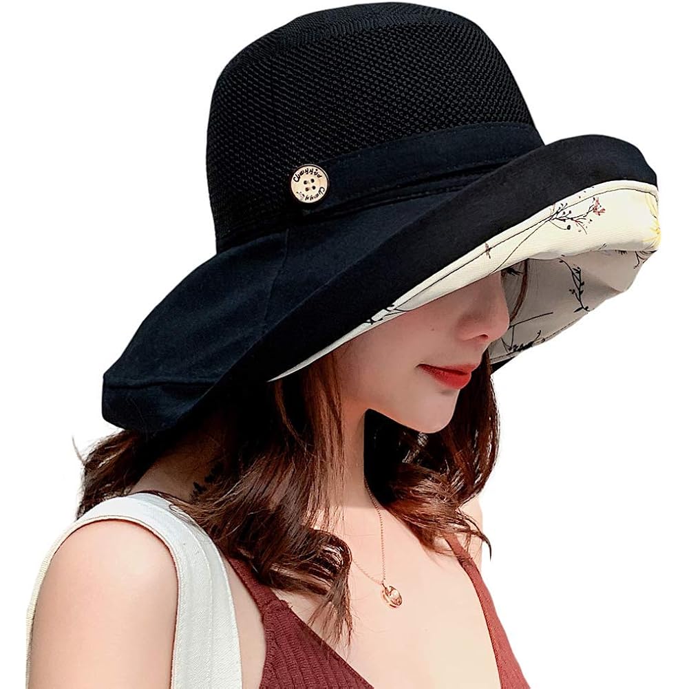 Women Summer Sun Hat Floral Beach Hat Wide Brim Uv Protection Packable Bucket Cap For Vacation Travel