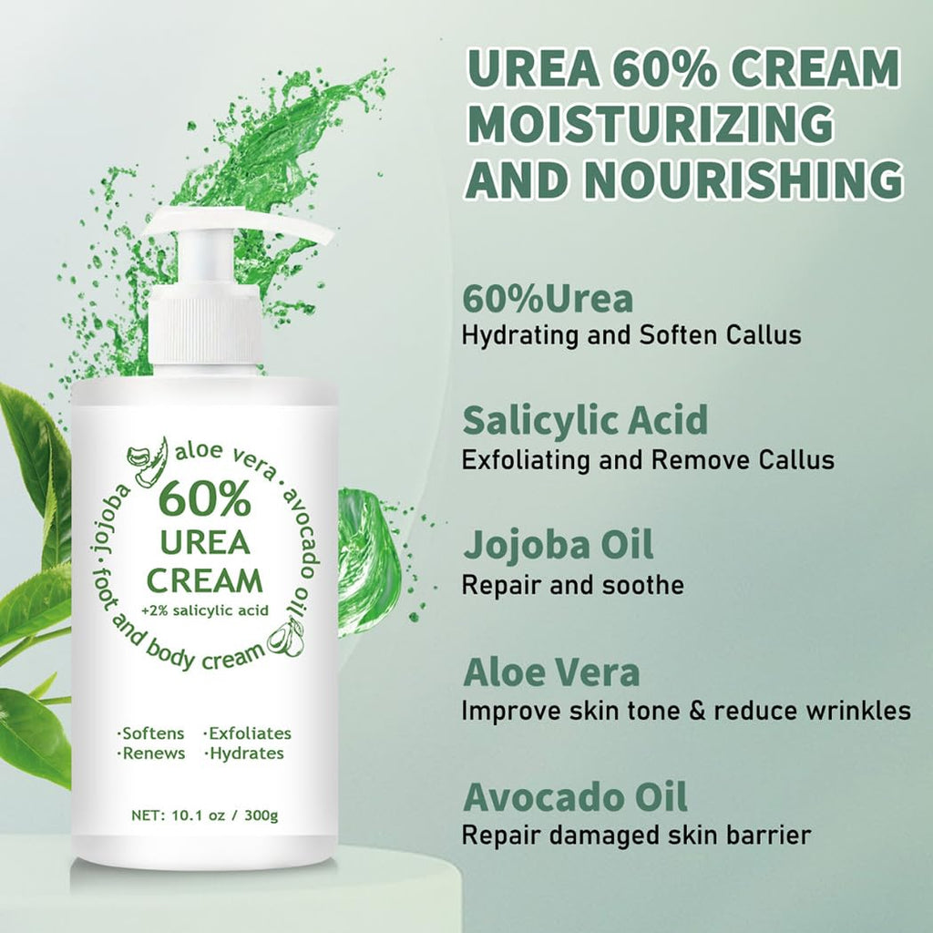 60% Urea Cream Maximum Strength, 10.1 oz - Foot & Hand Cream for Dry Cracked Skin, Callus Remover, with 2% Salicylic Acid - Deep Moisturizer for Cracked Heels, Rough Elbows & Knees - Fast Absorbing