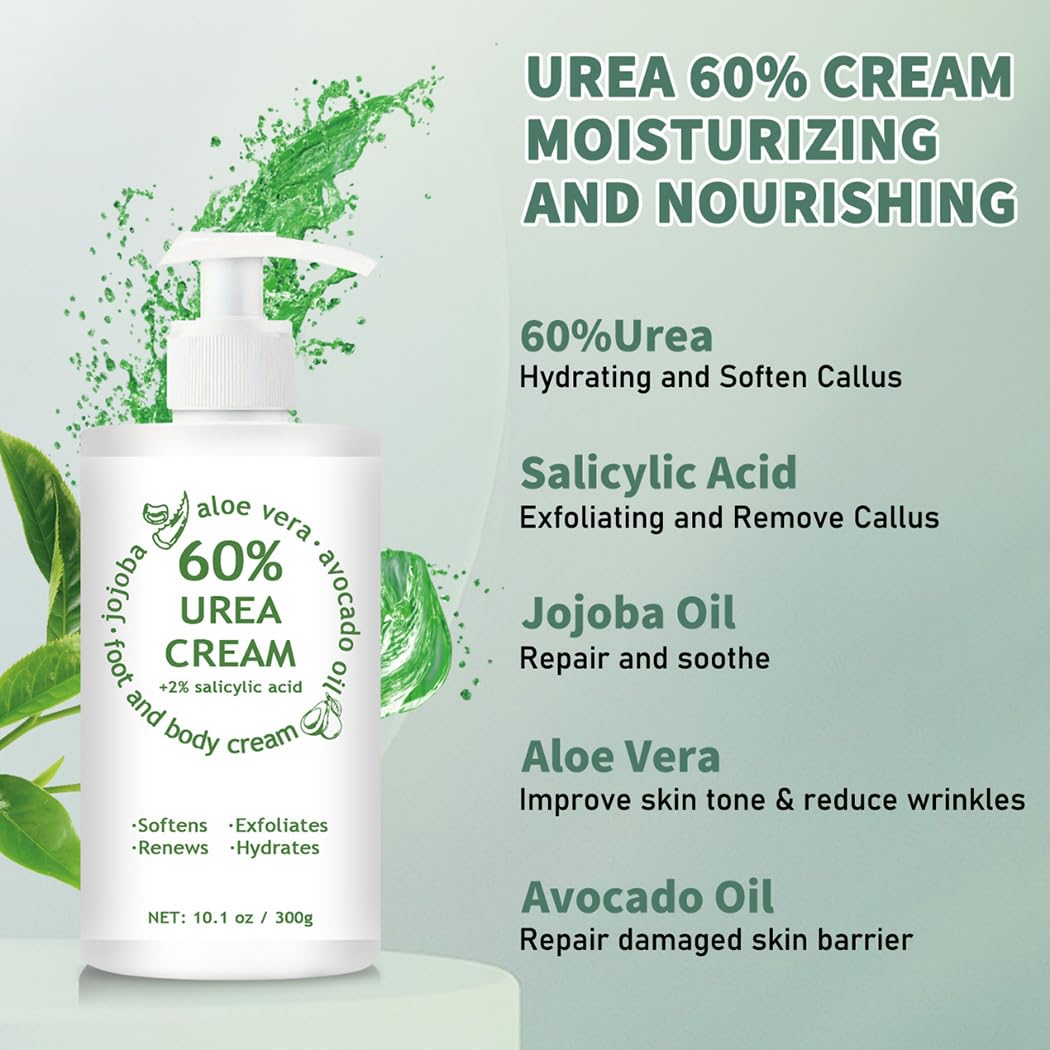 60% Urea Cream Maximum Strength, 10.1 oz - Foot & Hand Cream for Dry Cracked Skin, Callus Remover, with 2% Salicylic Acid - Deep Moisturizer for Cracked Heels, Rough Elbows & Knees - Fast Absorbing