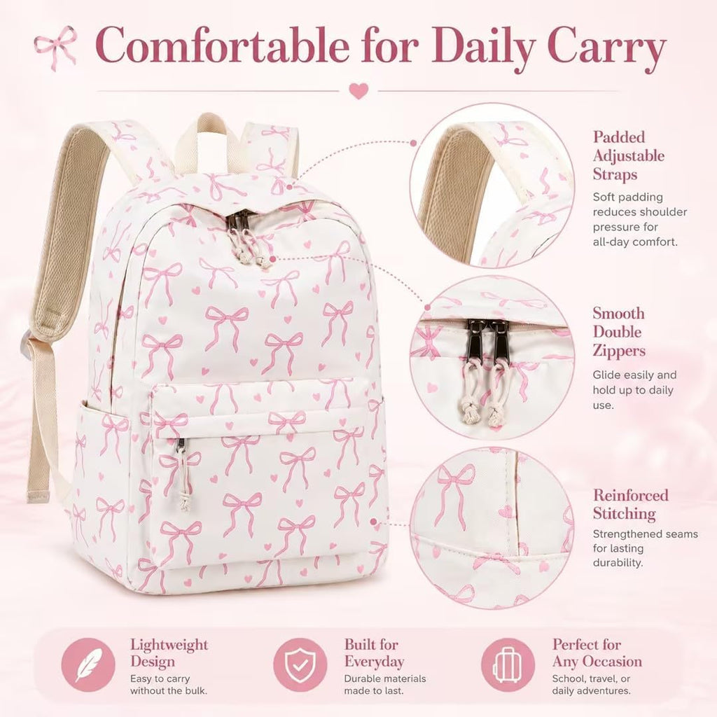 Backpack For Girls School Backpacks Bookbags For Elementary Middle School Women Laptop Backpacks (Bow Tie Beige, L-17)