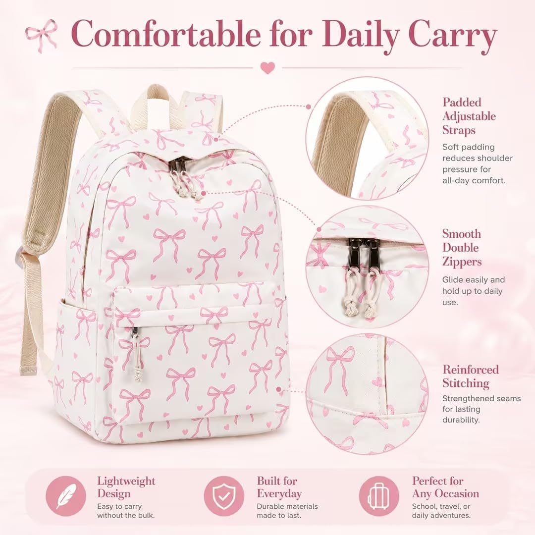 Backpack For Girls School Backpacks Bookbags For Elementary Middle School Women Laptop Backpacks (Bow Tie Beige, L-17)