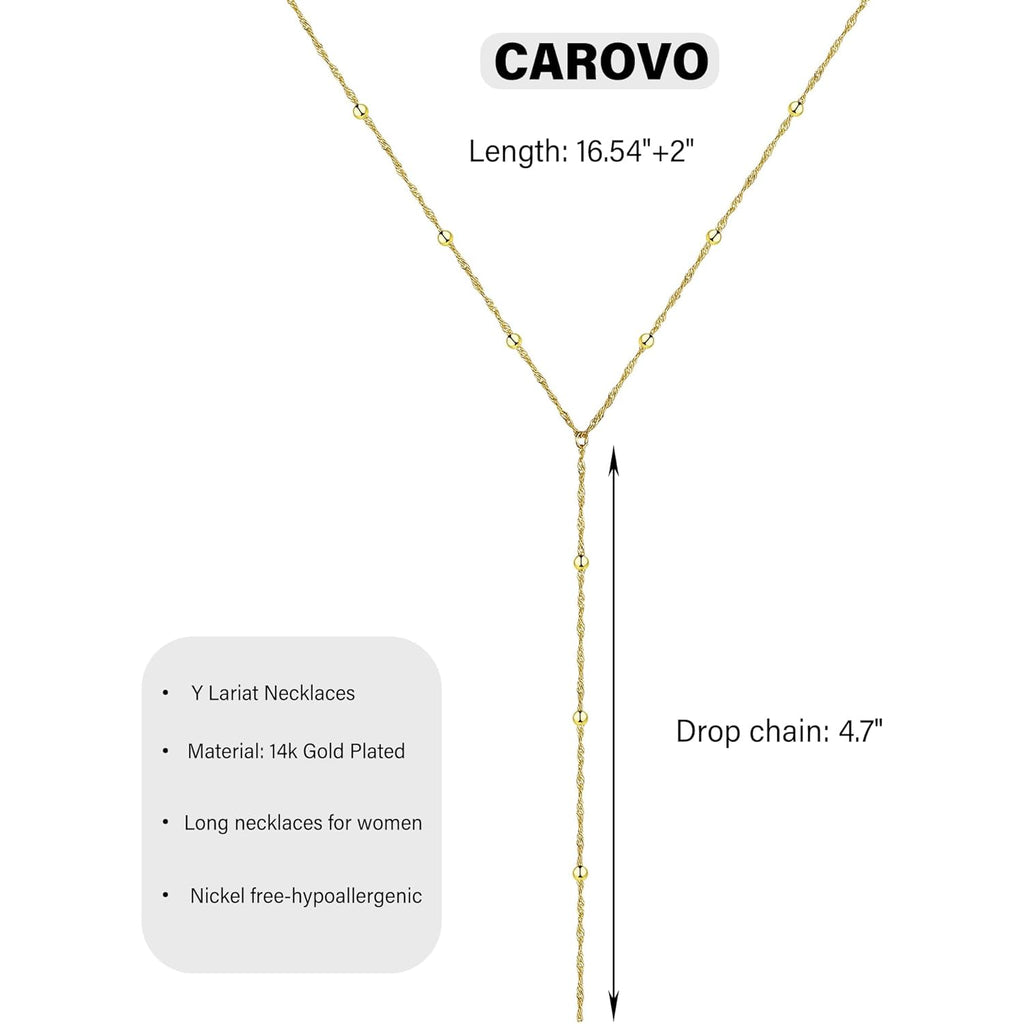 CAROVO Gold Necklace for Women Dainty Long Necklace 14K Gold/Silver Lariat Y-Shaped Pendant Necklaces Trendy Layered Lip Cubic Zirconia Beaded Chain Drop Necklaces Jewelry for Women Gifts