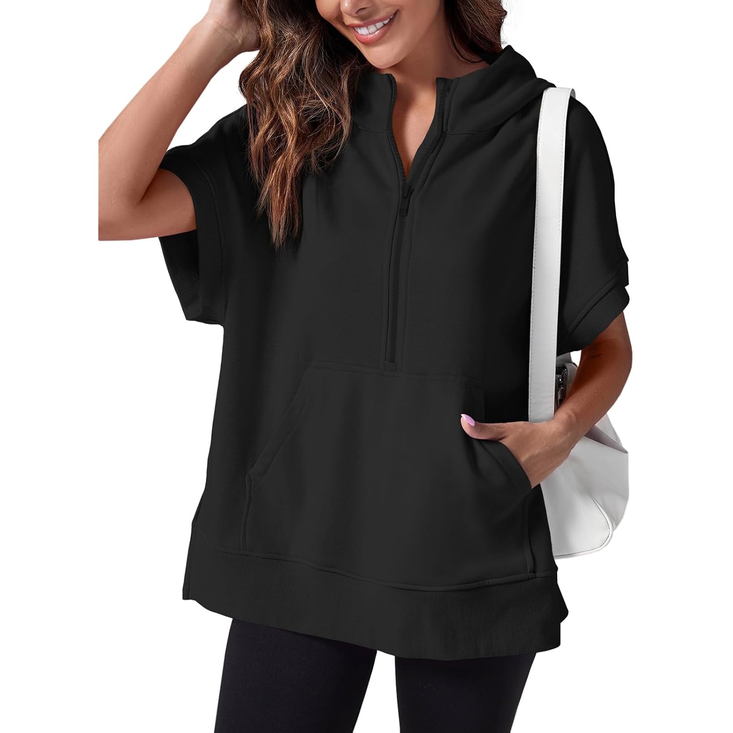 Fisoew Womens Oversized Half Zip Hoodies Short Sleeve Casual Sweatshirts Pullover Tops With Pockets