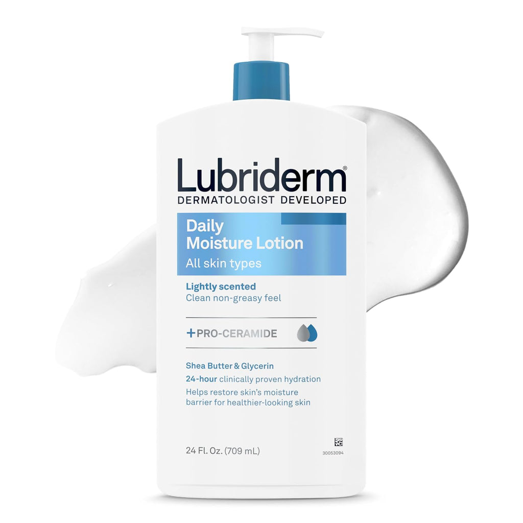 Lubriderm Daily Moisture Body Lotion + Pro-Ceramide, Body Lotion For Dry Skin, Shea Butter, Glycerin, Lightly Scented Hand Lotion, Non-Greasy 24-Hour Moisturizer, Paraben & Dye Free, 24 Fl Oz