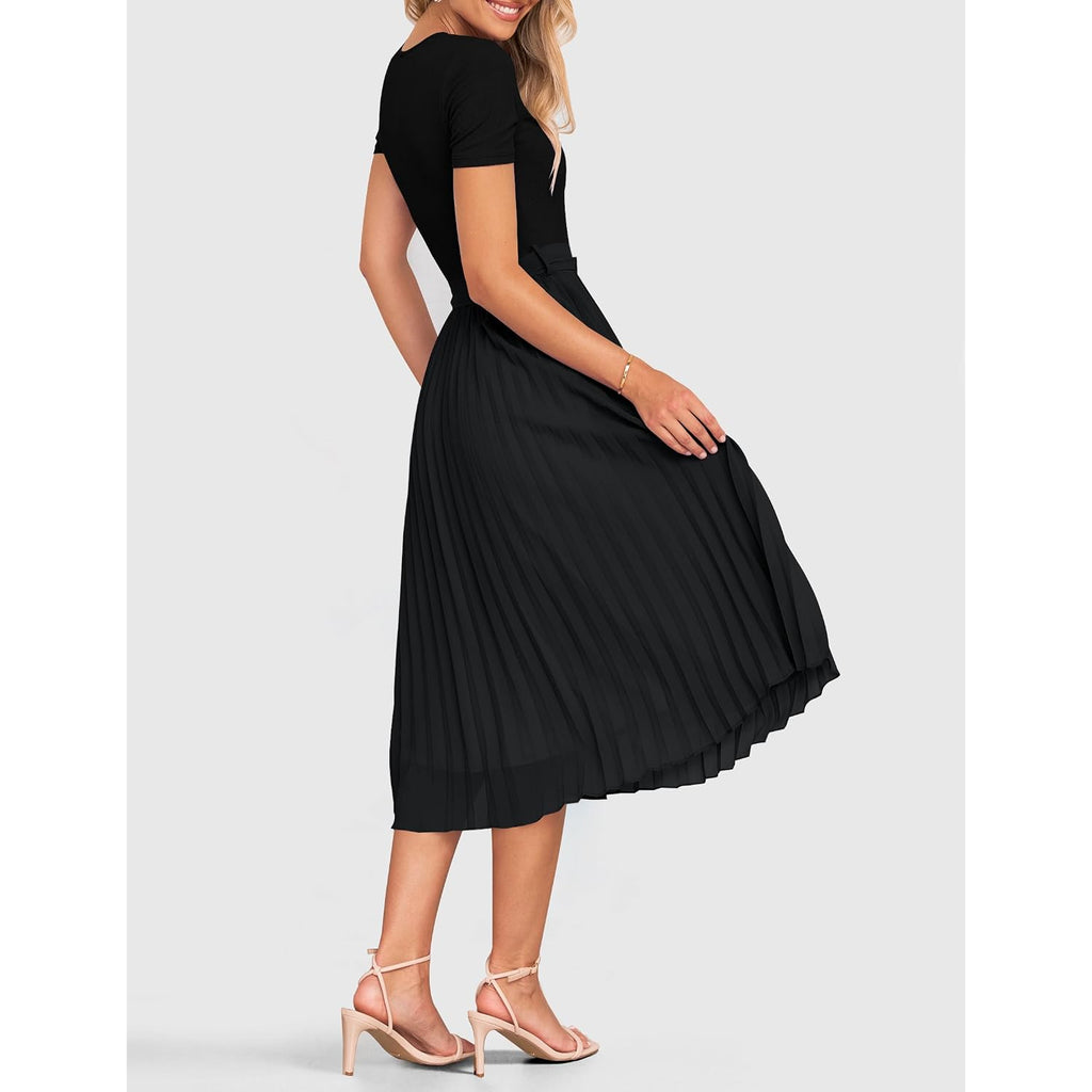 Zesica Women'S 2026 Summer Short Sleeve Midi Dresses Crewneck Knit Belted Pleated A Line Flowy Wedding Guest Long Dress
