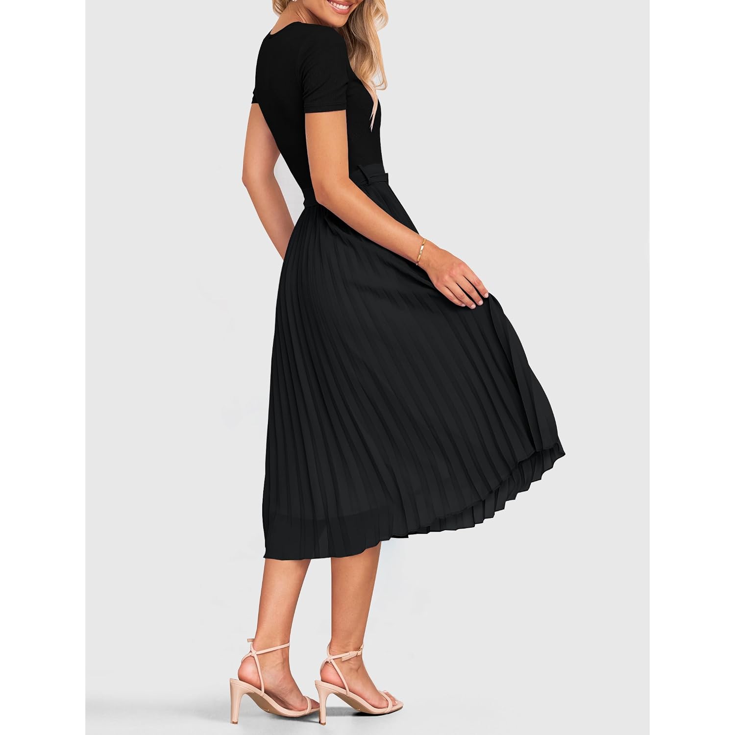 Zesica Women'S 2026 Summer Short Sleeve Midi Dresses Crewneck Knit Belted Pleated A Line Flowy Wedding Guest Long Dress