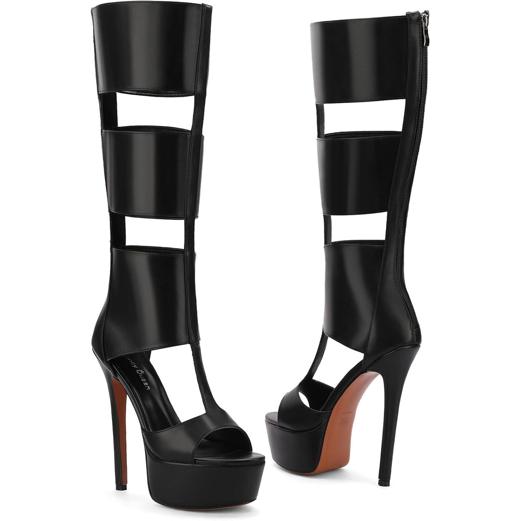 Fancyqueen Platform Knee High Sandals For Women, Gladiator Open Toe Summer Booties Black Heels Sandal Boots, Sexy Style Casual For Party