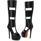 Fancyqueen Platform Knee High Sandals For Women, Gladiator Open Toe Summer Booties Black Heels Sandal Boots, Sexy Style Casual For Party