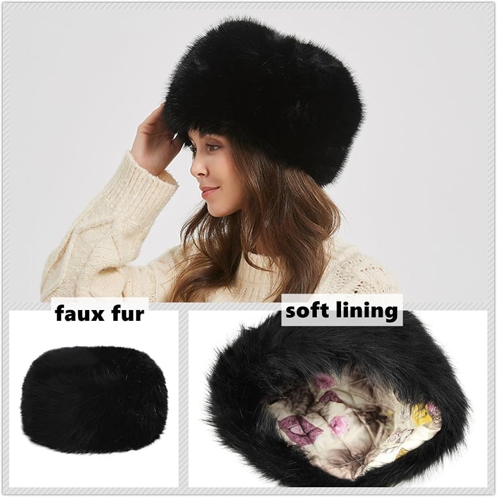 SIQITECHNO Unisex Faux Fur Russian Trapper Hat Furry Cossack Ushanka Style Warm Trooper Hat Winter Hunting Skiing Cap