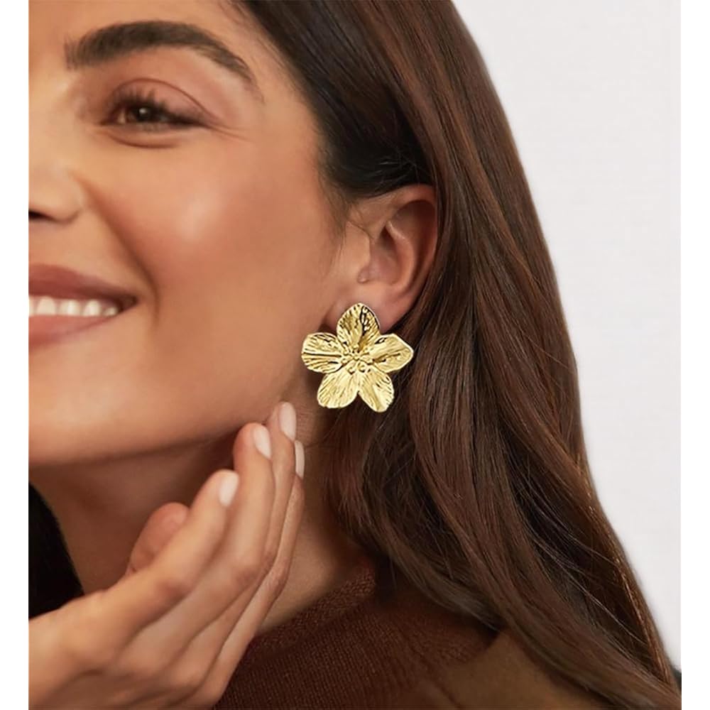 Big Gold Flower Statement Earrings for Women, 14K Gold Plated Chunky Unique Starfish Leaf Floral Drop Earrings, Large Fall Earrings Jewelry Gift