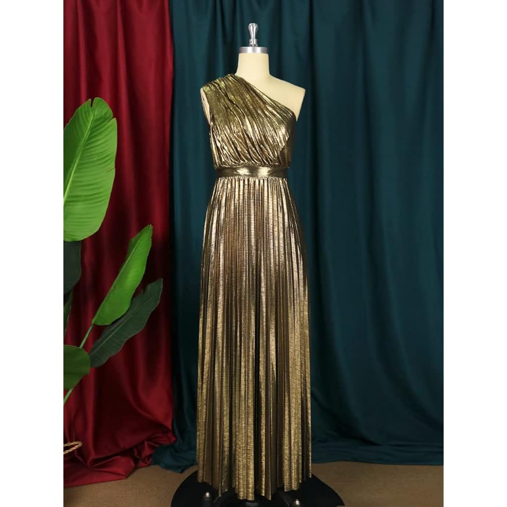 Aomei Women'S Luxury Metallic One Shoulder Sleeveless Elegant Pleated Long Dress