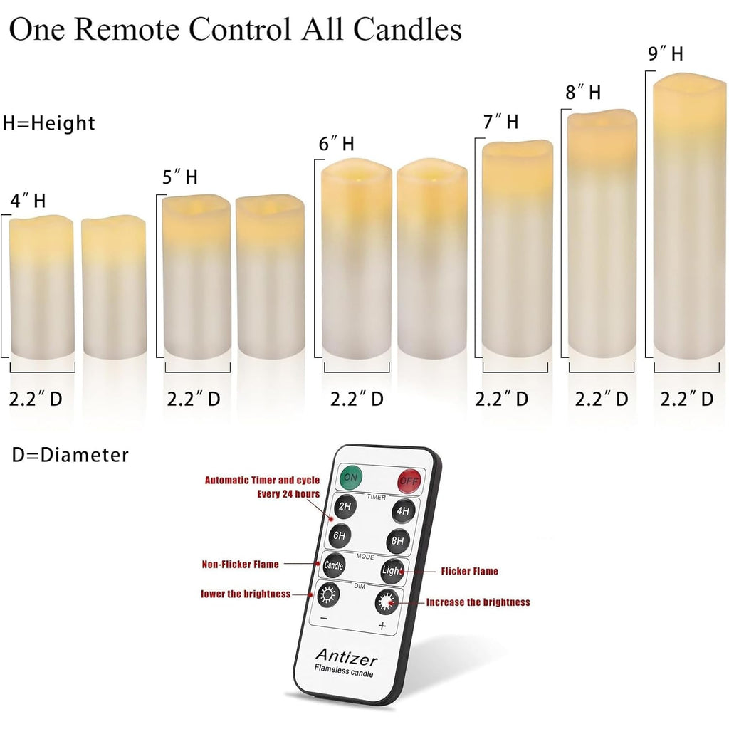 Flameless Candles Led Candles Pack Of 9 (H 4" 5" 6" 7" 8" 9" X D 2.2") Real Wax Battery Candles With Remote Timer For Home Fireplace Decor Wedding Festival Decor (Ivory 9 Pack)