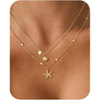 Shell Necklace for Women,14k Gold Plated Layered Starfish Conch SeaShell Pearl Pendant Charm Necklace,Non Tarnish Adjustable Stainless Steel Chain Stack Jewelry for Summer Beach Vacation