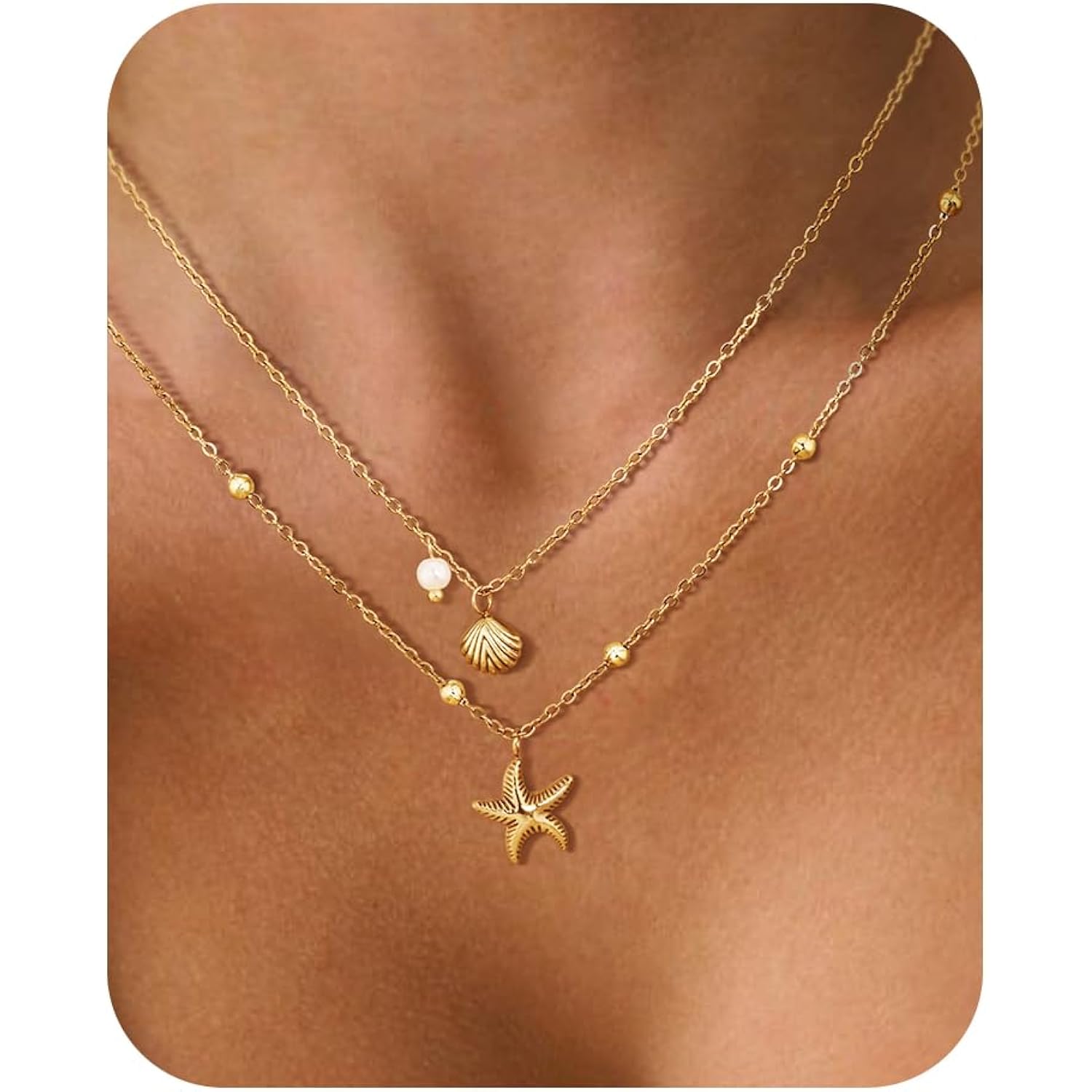 Shell Necklace for Women,14k Gold Plated Layered Starfish Conch SeaShell Pearl Pendant Charm Necklace,Non Tarnish Adjustable Stainless Steel Chain Stack Jewelry for Summer Beach Vacation