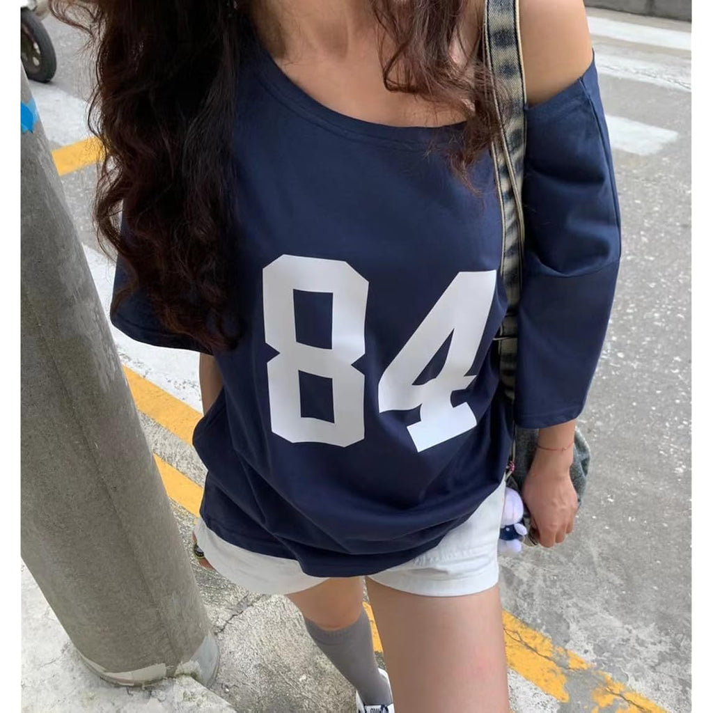 Pinclodly Off The Shoulder Tops for Women Short Sleeve Y2K Jersey Number Graphic Oversized Tshirts E-Girl Tees Blue 01 Oversized Tshirts