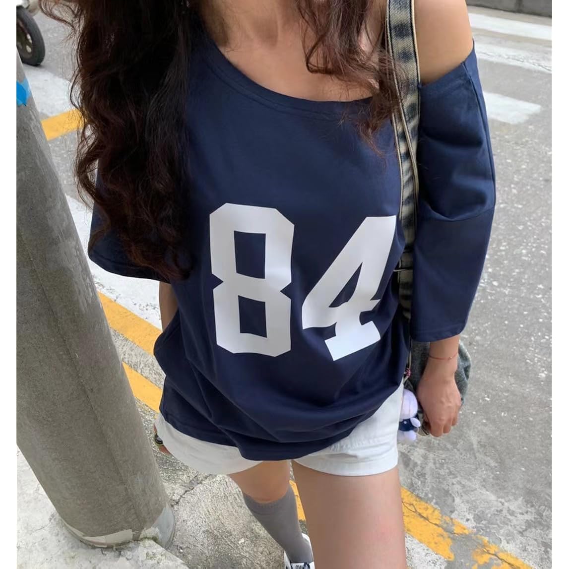 Pinclodly Off The Shoulder Tops for Women Short Sleeve Y2K Jersey Number Graphic Oversized Tshirts E-Girl Tees Blue 01 Oversized Tshirts