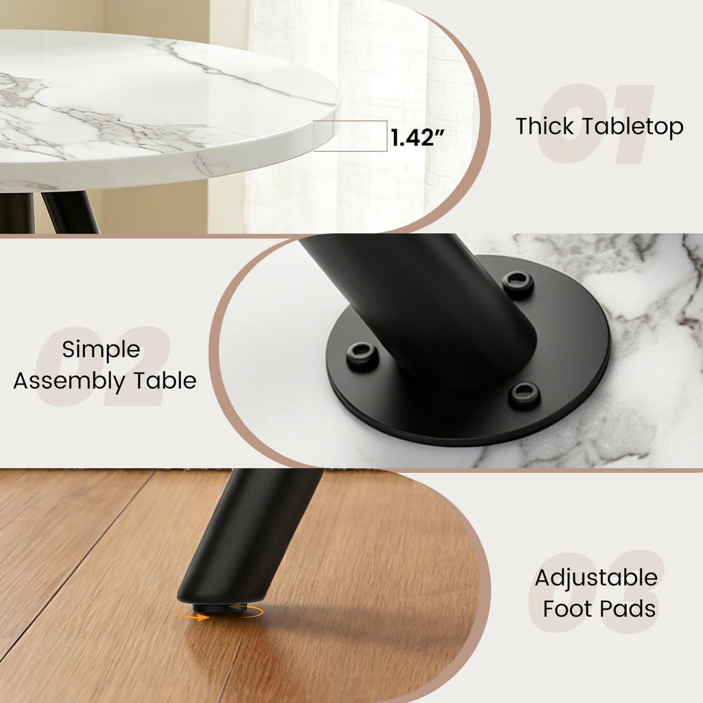 34.6" Round Dining Table Set For 4, Modern Kitchen Coffee Table Set With 4 Upholstered Leather Chairs, Mdf Small Space Saving Dining Room Table And Chairs Set (White Table+4 Beige Chairs)