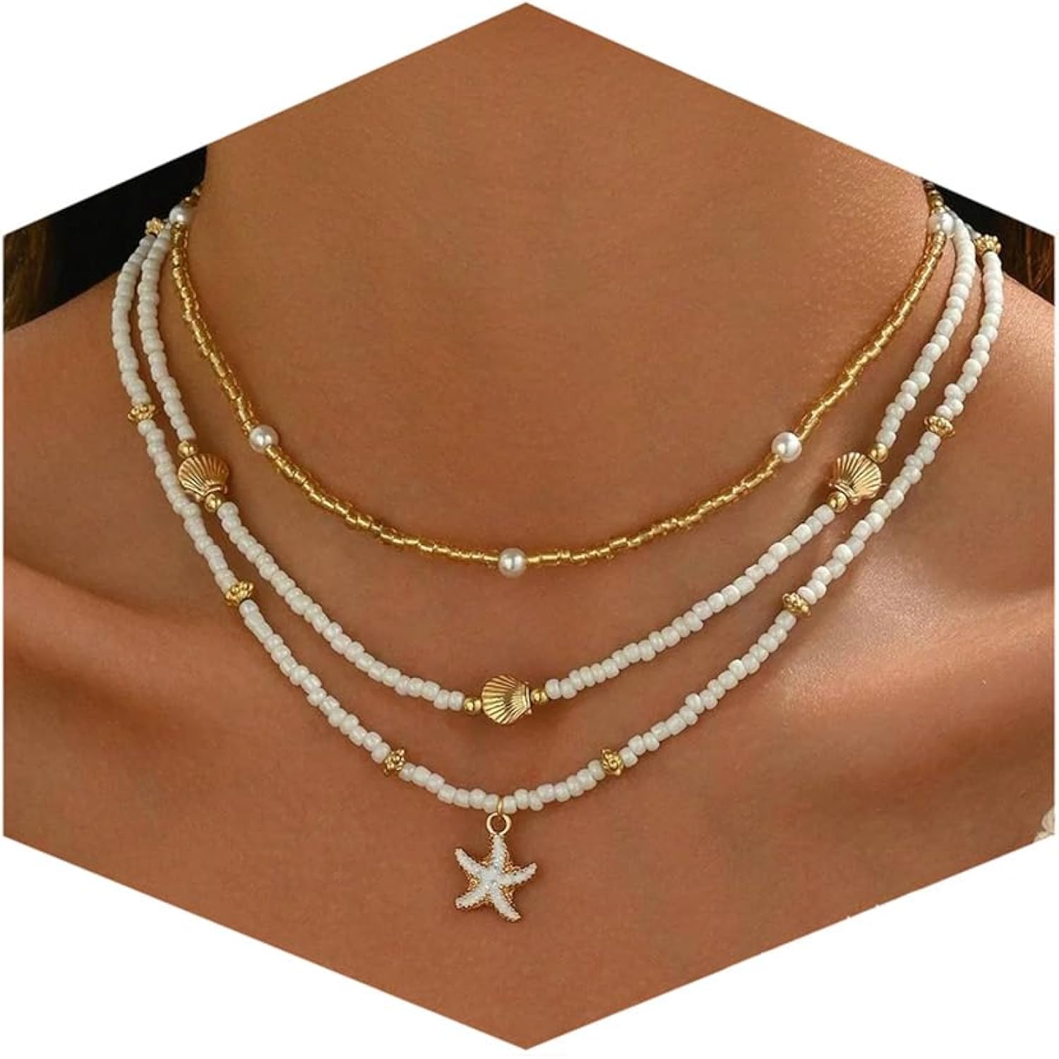 Shell Starfish Necklace for Women, 14k Gold Plated Boho Layered Beaded Charm Pendant Necklace, Dainty Adjustable Pearl Conch Summer Beach Vacation Jewelry Gifts
