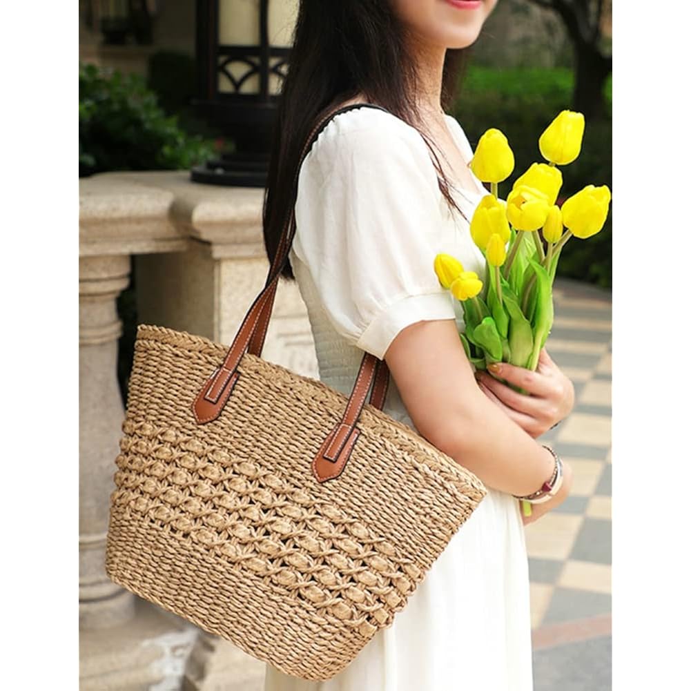 Women's Straw Shoulder Bag Large Rattan Woven Totes Summer Travel Beach Handbag Handmade Top Handle Purse