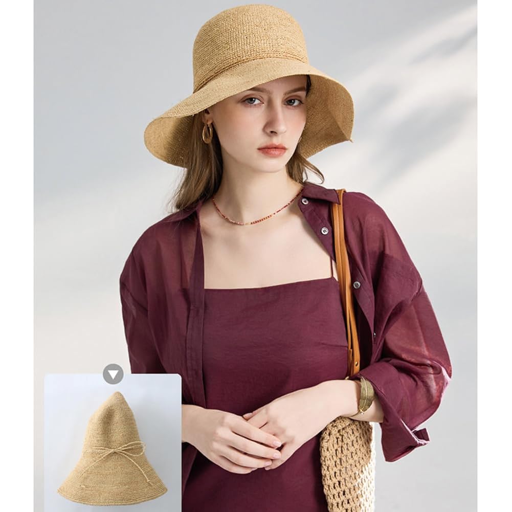 Koradi Women Raffia Beach Hat Natural Raffia Straw Bucket Hat Handwoven Foldable Sun Hats Wide Brim Summer Travel Cap