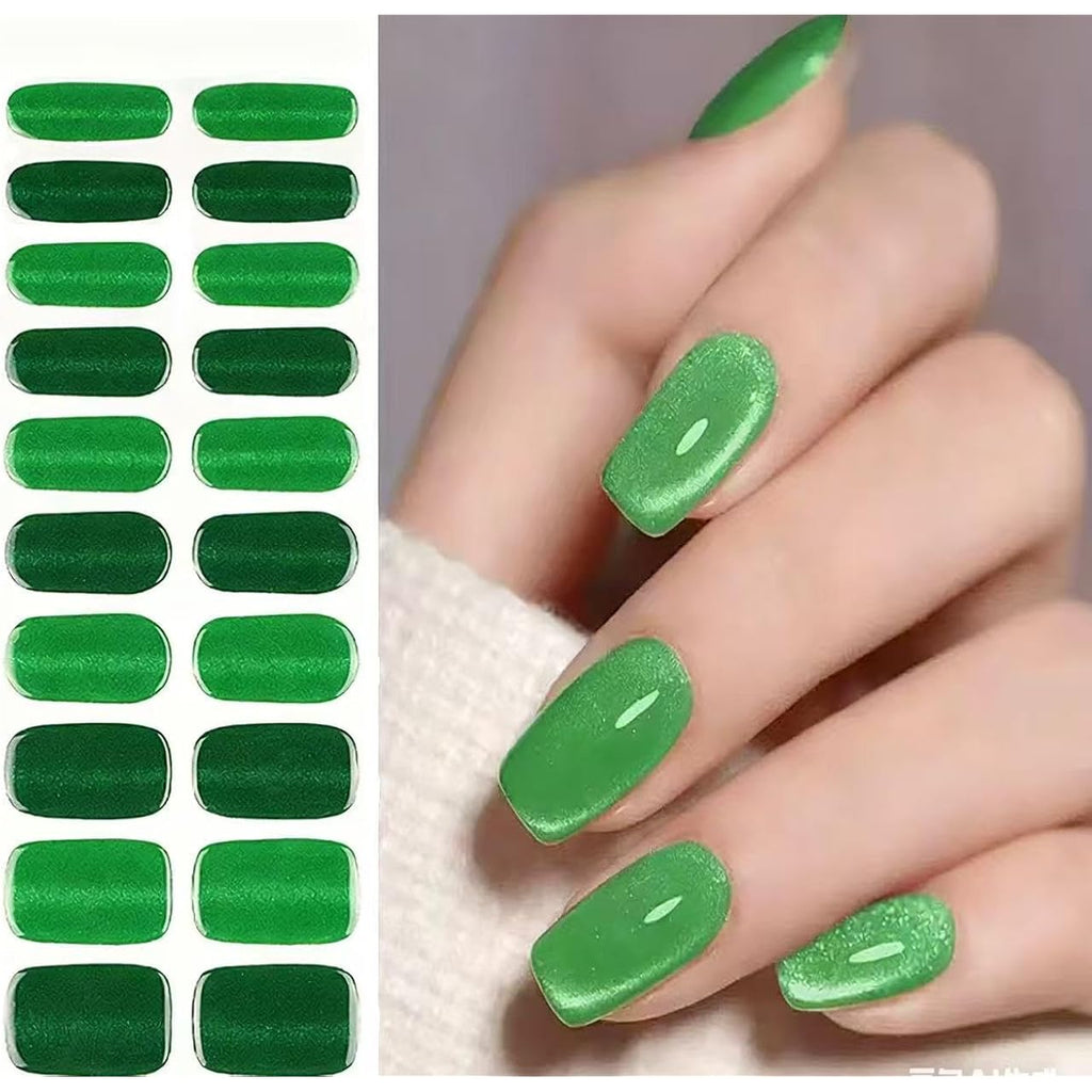 Semi Cured Gel Nail Strips 20 Pcs Green Glitter Gel Nail Wraps,Stickers, UV Light Required Nail Art Design Decoration Accessories