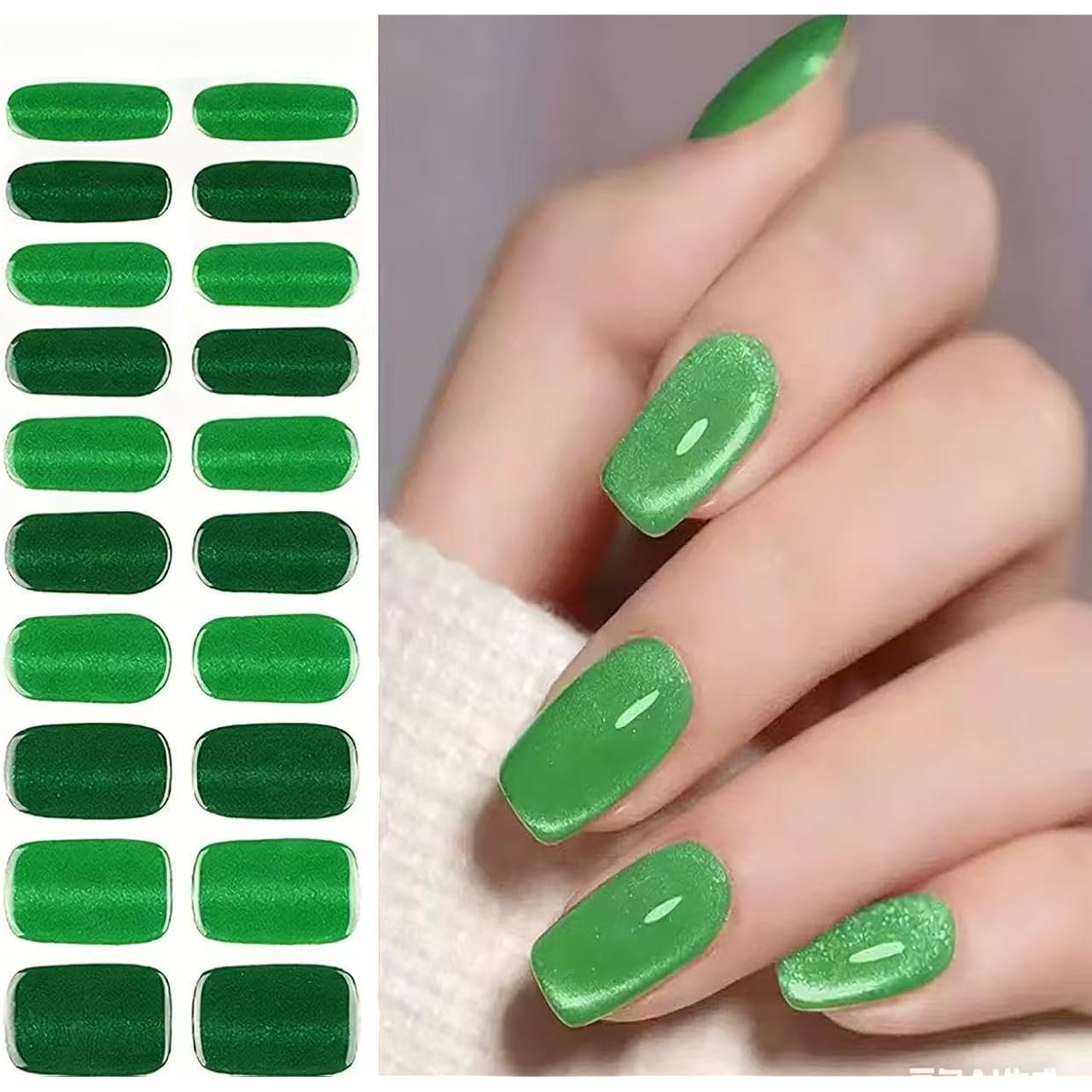 Semi Cured Gel Nail Strips 20 Pcs Green Glitter Gel Nail Wraps,Stickers, UV Light Required Nail Art Design Decoration Accessories