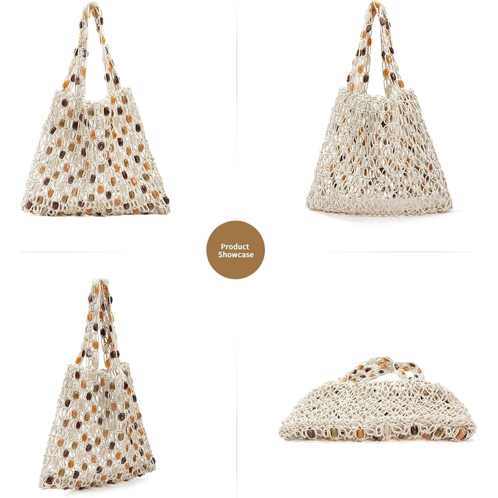 Boho Crochet Shoulder Bag For Women, Colorful Beaded Beach Tote Handbag Lightweight Summer Knit Hobo Purse &Travel Organizer