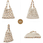 Boho Crochet Shoulder Bag For Women, Colorful Beaded Beach Tote Handbag Lightweight Summer Knit Hobo Purse &Travel Organizer