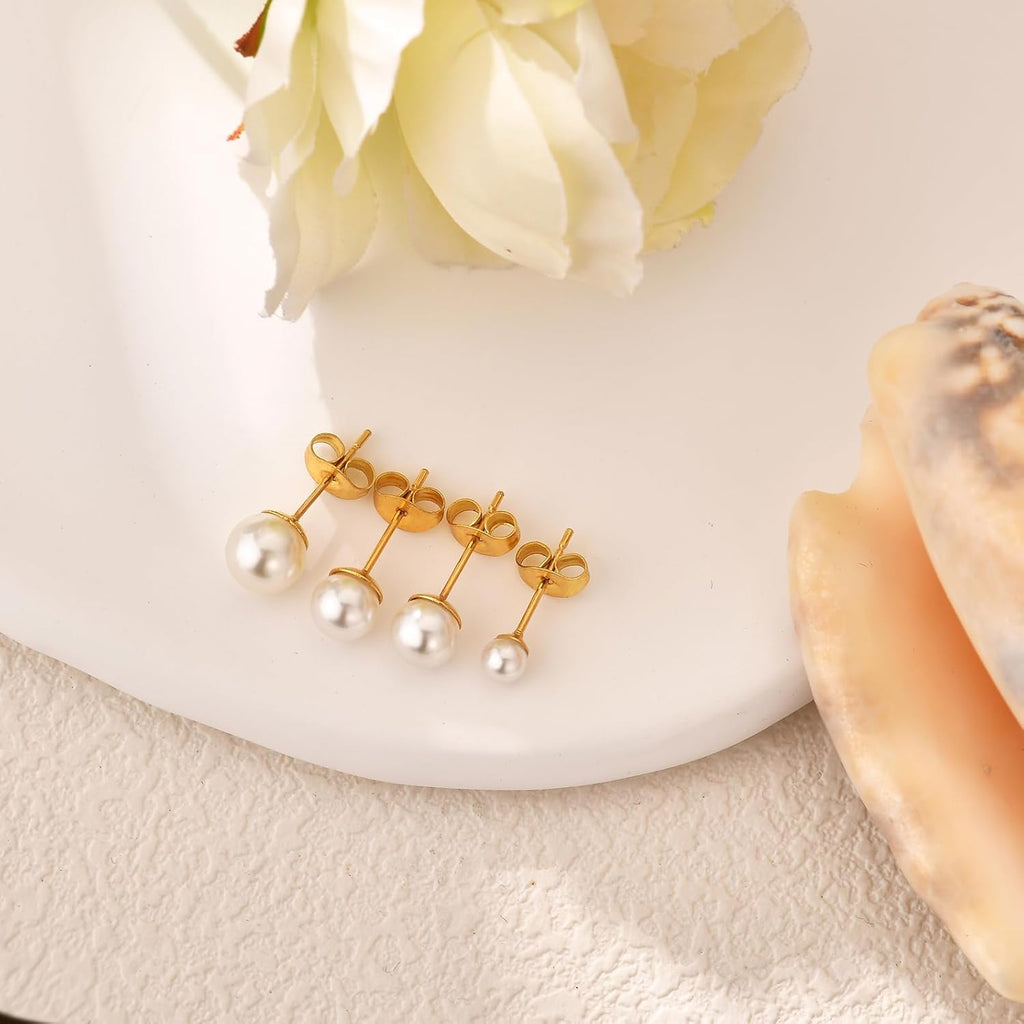 JINERA 5 Pairs Stud Earrings for Women 14K Plated Gold/Silver Pearl Ball Small Stud Earrings Set Cartilage Piercing Hypoallergenic Lightweight Flatback Earrings Jewelry Gifts for Women