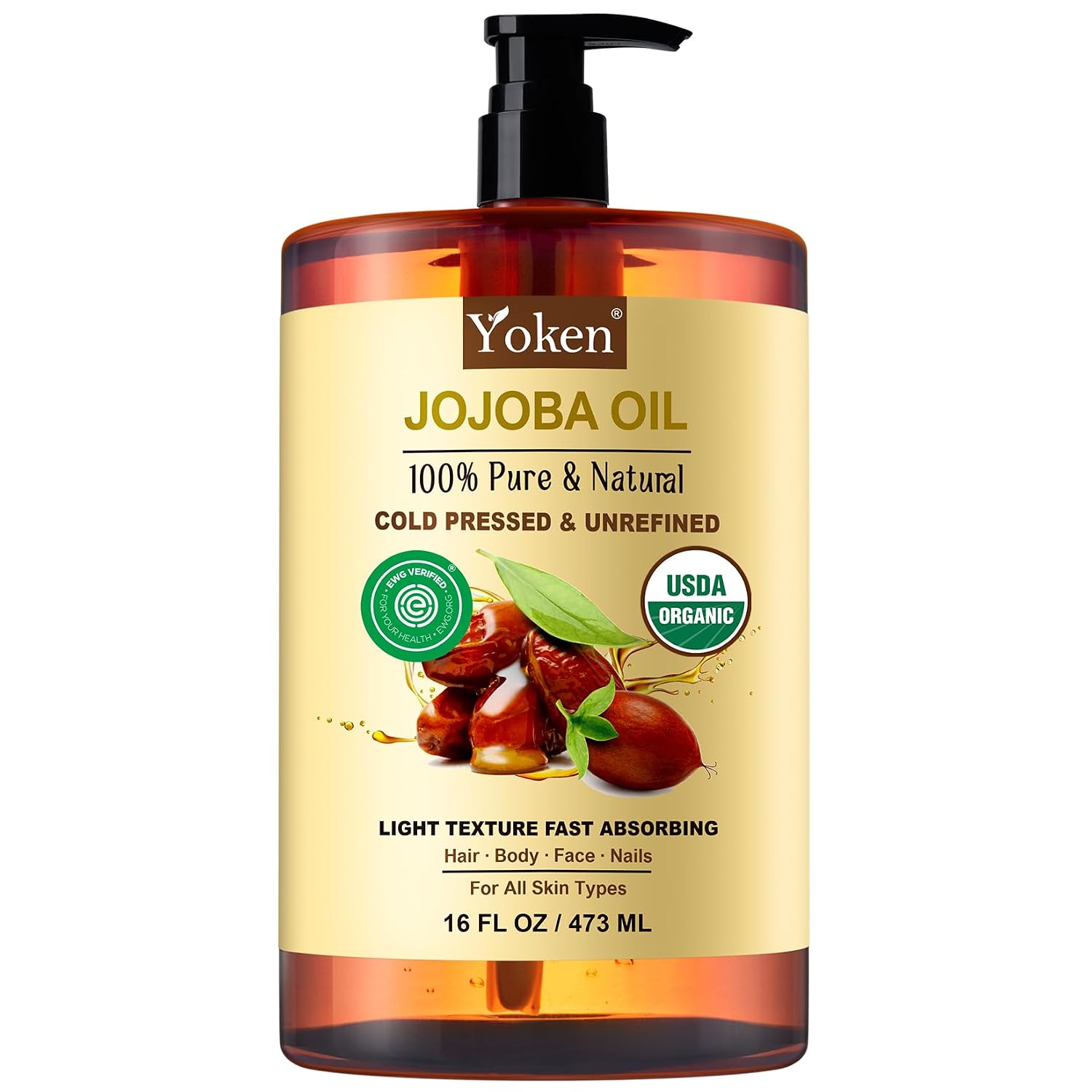 Yoken Organic Jojoba Oil 16Oz, Usda Certified Cold Pressed For Skin Care