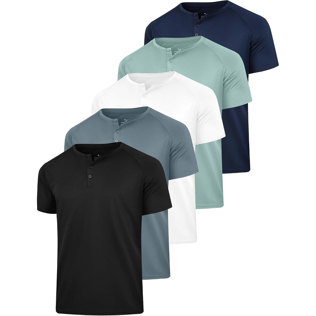 Hovsiyla 5 Pack Men'S Henley Shirt Basic T Shirt, Moisture Wicking Breathable Button Down Short Sleeve